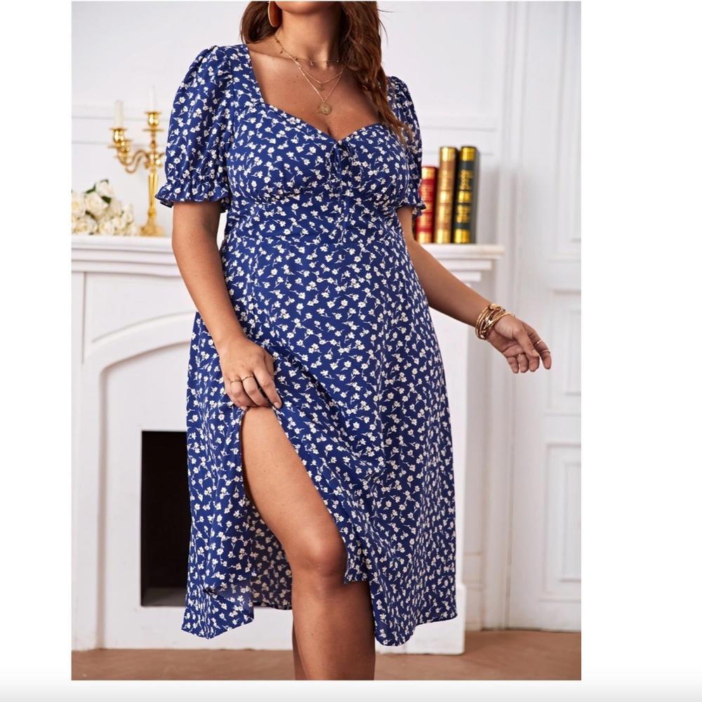 New SHEIN Ditsy Floral Puff Sleeve Dress - Royal Blue
